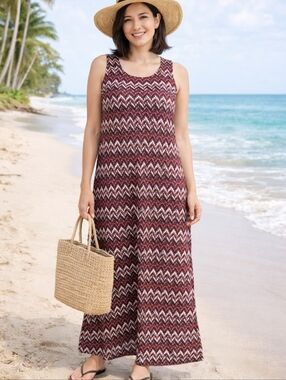 Maxi Dress Tank Black Lined Dress Burgundy/White/Black  Lacy Chevron Overlay XL